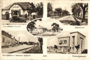 1943 Érd, út a vasútállomáshoz, Műút részlete, takarékpénztár, községháza a Balatoni műúttal, Tusculanum borozó automobillal (EK)