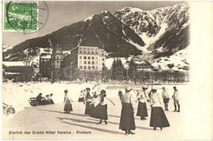 1911 Klosters, Eisrink des Grand Hotel Vereina / ice rink with ice skating people, winter sport