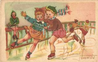 Bonne Anné / New Year greeting card with children ice skating (EK)