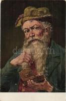 Jewish man with his treasur box. Judaica art postcard. Carl A.E. Schmidt