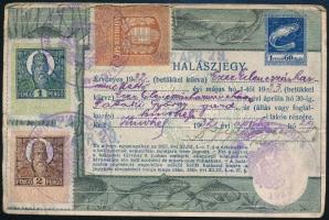 1932 Halászjegy Hódmezővásárhelyről 1,60P benyomott illetékbélyeggel + 3,40P okmánybélyeges kiegészítéssel, pecséttel / Fishing ticket (gyűrött )