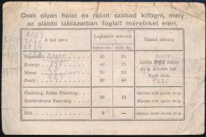1932 Halászjegy Hódmezővásárhelyről 1,60P  benyomott illetékbélyeggel + 3,40P okmánybélyeges kiegész...