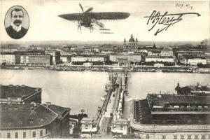 1909 Budapest, Bleriot repülőgépe a Széchenyi lánchíd felett (EK)