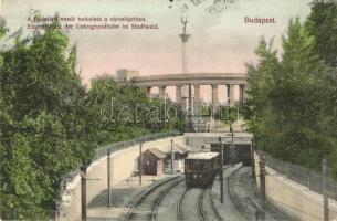1907 Budapest XIV. Városliget, földalatti villamos vasút torkolata, Milleniumi emlékmű (Hősök tere) a háttérben