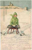 Sledding lady, bobsled, winter sport art postcard (EK)