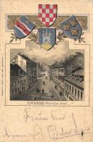 1900 Zagreb, Zágráb; Mesnicka ulica / street view. Coat of arms. Emb. litho. Rob. Ferd. Auera (EK)
