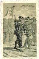 Fanteria in marcia per il fronte di battaglia / WWI Italian military art postcard, unsigned V. Polli