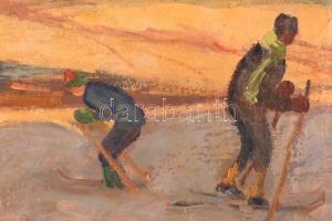 Csapó Jenő (1875-1954): Síelők a domboldalon. Olaj, vászon, jelzett, keretben, 57×68 cm