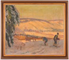 Csapó Jenő (1875-1954): Síelők a domboldalon. Olaj, vászon, jelzett, keretben, 57×68 cm