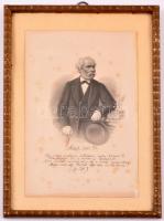 1880 Arany János (1817-1882) költő, tanár, Kisfaludy Társaság igazgatója, MTA főtitkár arcképe, nyomtatott kézírással, üvegezett fa keretben, 20x13 cm