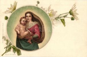 Religious greeting art postcard. Virgin Mary and baby Jesus. Wezel & Naumann Serie 20. No. 4. floral, litho