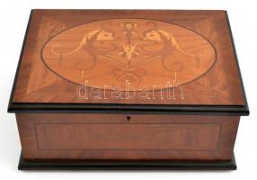 Intarziás fa doboz, kulccsal, jó állapotban, 31,5×23,5×13,5 cm