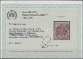 1850 3kr HP I dark red, overinked 1850 3kr HP I a sötét téglavörös, túlfestékezett nyomat ,,PETERWA(...