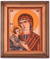 Jelzés nélkül: Szűzanya Kis Jézussal ikon. Karton, vegyes technika, üvegezett fa keretben, 19x14,5 cm