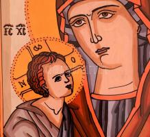 Jelzés nélkül: Szűzanya Kis Jézussal ikon. Karton, vegyes technika, üvegezett fa keretben, 19x14,5 c...