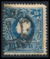 1858 15kr II dark blue (folded), 1858 15kr II sötétkék jól látható szögfejbenyomattal ,,(BAHN)HOF PESTH" (átlós törés) Certificate: Steiner
