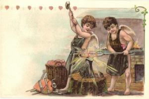 Love greeting art postcard with blacksmith angels. A. Sockl Wien litho