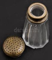 Ezüstözött rét tetős cukorszóró, üvegen apró csorbával, m: 13 cm