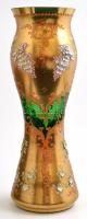 Egermann Bohemia virágos váza, plasztikus kézzel festett virágszirmokkal, apró lepattanásokkal, kopásokkal, jelzés nélkül, m: 33,5 cm