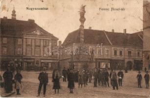 Nagyszombat, Tyrnau, Trnava; Ferenc József tér, Szentháromság szobor, színház, Magran Miksa üzlete / square, Trinity statue, shops, theatre (Rb)