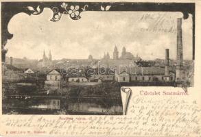 1902 Szatmárnémeti, Szatmár, Satu Mare; látkép gyárkéményekkel. Lövy M. kiadása / general view with factory chimneys. Art Nouveau (EK)