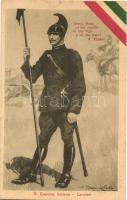 R. Esercito Italiano - Lancieri / WWI Italian military art postcard, lancer. Italian flag decoration, artist signed