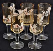 Likőrös pohar ( 5 db), festett levelekkel, plasztikus virágszirommal, jelzés nélkül, hibátlan, m: 11...