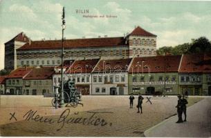 1915 Bílina, Bilin (Böhmen); Marktplatz mit Schloss, Hotel zum weissen Löwen, Gasthaus. Verlag A. Bund / market square, hotel, inn, shops of J. Ullrich, Ignaz Kral
