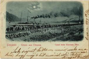 1899 Orsova, Canal beim eisernen Thor / Hajózási csatorna a Vaskapunál. Hutterer G. kiadása / ship station, canal, steamship (EK)