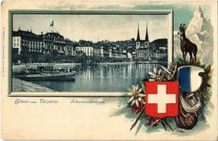 Lucerne, Luzern; Schweizerhofquai, Bateaux a Louer / quay, boat. coat of arms, K. Liebhardt Kunstanstalt Emb. litho (EK)