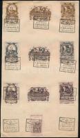 27 db magyar levélzáró bélyeggyűjtési témában 3 papírlapon alkalmi bélyegzésekkel, közte felülnyomot...