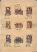 27 db magyar levélzáró bélyeggyűjtési témában 3 papírlapon alkalmi bélyegzésekkel, közte felülnyomot...