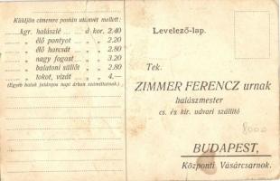 Zimmer Ferenc halászmester, cs. és kir. udvari szállító. Budapest, Központi Vásárcsarnok. Megrendelő...