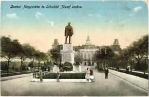 Zombor, Sombor; Megyeháza és Schweidel József szobor / county hall, statue (kopott sarok / worn corner)