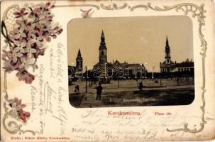 1901 Kecskemét, Piac tér, templomok. Fekete Mihály kiadása. Flora, litho