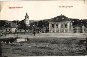 1909 Gönc, Fő tér, Városi gyógytár (gyógyszertár), templom (EK)