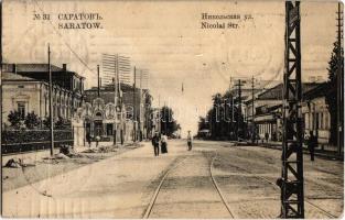 Saratov, Saratow; Nicolai Str. / Nikolskaya street, tramway, shops