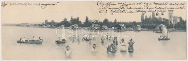 1910 Balatonföldvár, part a fürdőkabinokkal, csónakázó és fürdőző emberek. Gerenday Gyula kiadása, panoramacard (r)