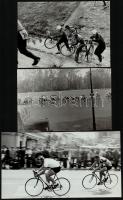 cca 1965 Kerkékpárversenyzők, 5 db vintage fotó (kettő feliratozva), 11,5x10,5 cm és 23,5x17,5 cm között