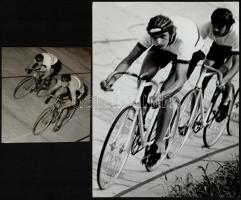 cca 1965 Kerkékpárversenyzők, 5 db vintage fotó (kettő feliratozva), 11,5x10,5 cm és 23,5x17,5 cm kö...