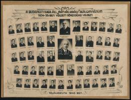 1935 Budapest, Mátyás király Reálgimnázium tanárai és végzett tanulói, kistabló nevesített portrékkal, 18x24 cm