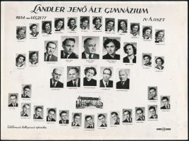 1954 Budapest, Landler Jenő Ált. Gimnázium tanárai és végzett tanulói, kistabló nevesített portrékkal, 18x24 cm