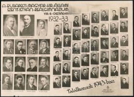 1933 Budapest, Szent István Reálgimnázium tanárai és végzett tanulói, kistabló nevesített portrékkal, 16×22 cm