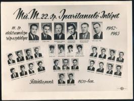 1965 Budapest, Mü.M. 22.sz. Iparitanuló Intézet tanárai és végzett tanulói, kistabló nevesített portrékkal, 18x24 cm