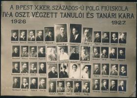 1927 Budapest, Kőbánya, a Százados úti Fiúiskola tanárai és végzett tanulói, kistabló nevesített portrékkal, sarkán törésvonal, 15,5x22 cm
