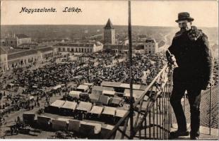 Nagyszalonta, Salonta; Látkép, piac, zsinagóga, erkély kürtössel. Hoffmann Lajosné kiadása / general view, market place, synagogue, balcony with bugler