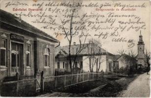 1912 Ilosva, Irsava; Gyógyszertár és utca, templom / pharmacy and street view with church