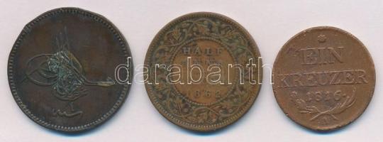3db klf külföldi rézpénz, közteOszmán Birodalom 1861. (1277/4) 20p Cu T:2-,3 ph. 3pcs of diff copper coins, including Ottoman Empire 1861. (1277/4) 20 Para Cu C:VF,F edge error