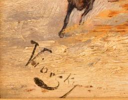 Olvashatatlan jelzéssel: Farkasok támadása. Olaj, fatábla, díszes keretben, 22×32 cm