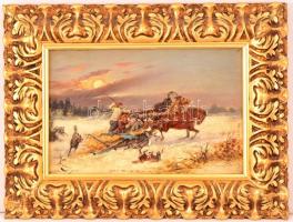 Olvashatatlan jelzéssel: Farkasok támadása. Olaj, fatábla, díszes keretben, 22×32 cm